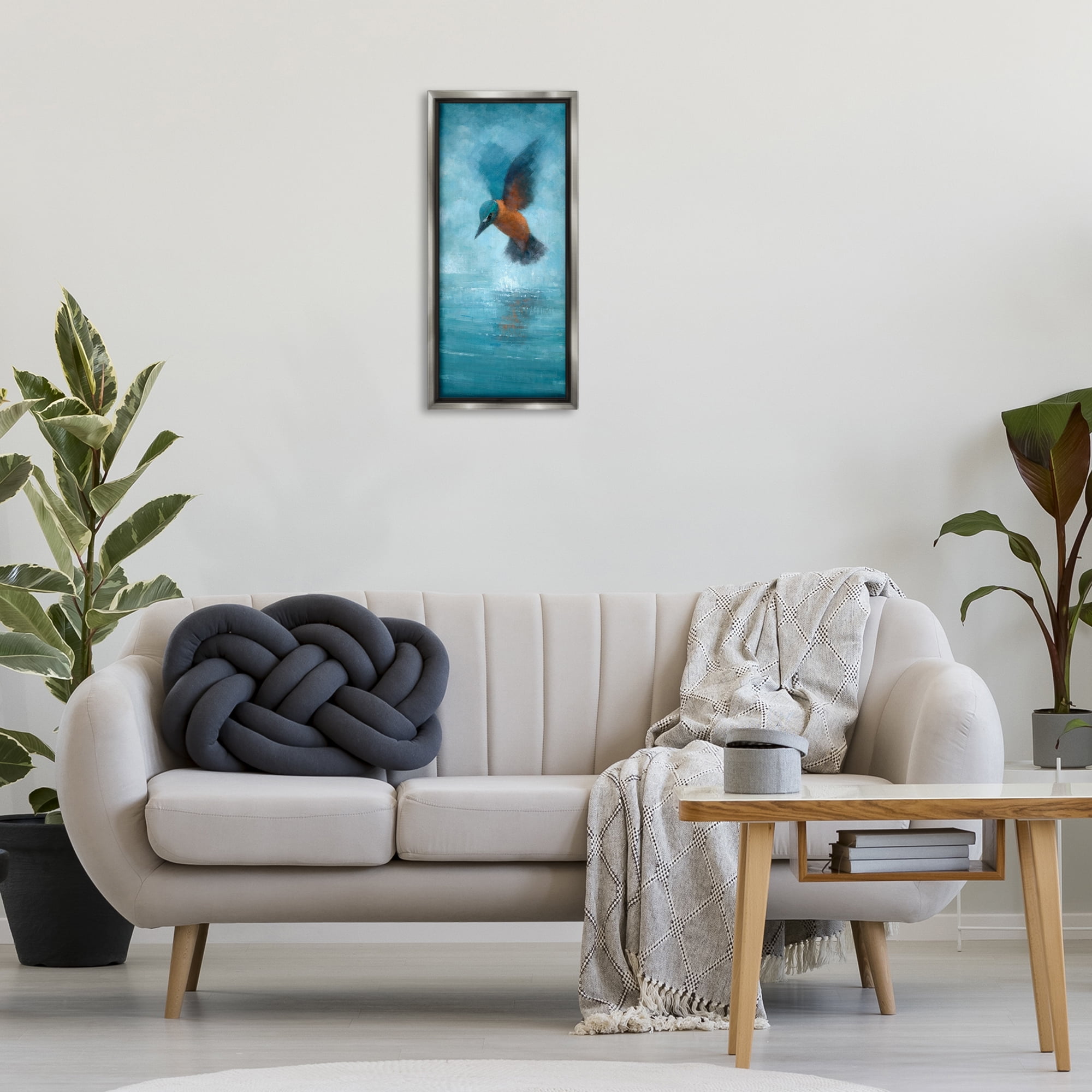 Stupell Industries Hummingbird Splashing Surface Animals Painting Gray Floater Framed Canvas Art Print Wall Art, 11 x 25