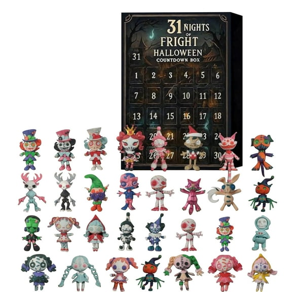 Mskk 31 Days Halloween Countdown Advent Calendar 31Pcs, 2D Voodoo Doll Mini Figurine Blind Box, Spooky Clown Ghost Monster Collectible Figures, Kids Halloween Desktop Decor Horror Themed Holiday Gift