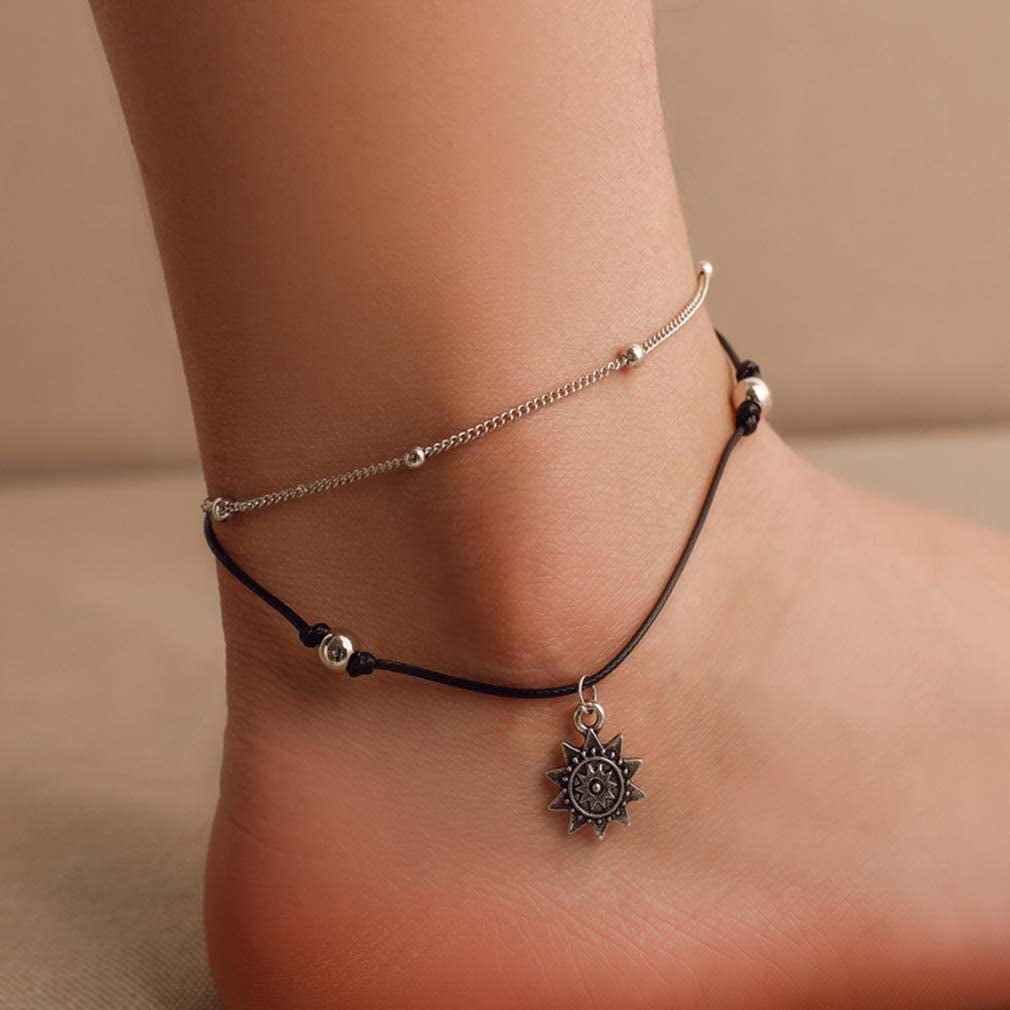 Iumer Sunflower Anklet Alloy Woman Multi Layer Adjustable Buckle Barefoot Vintage Beads Foot Jewelry Anklet 
