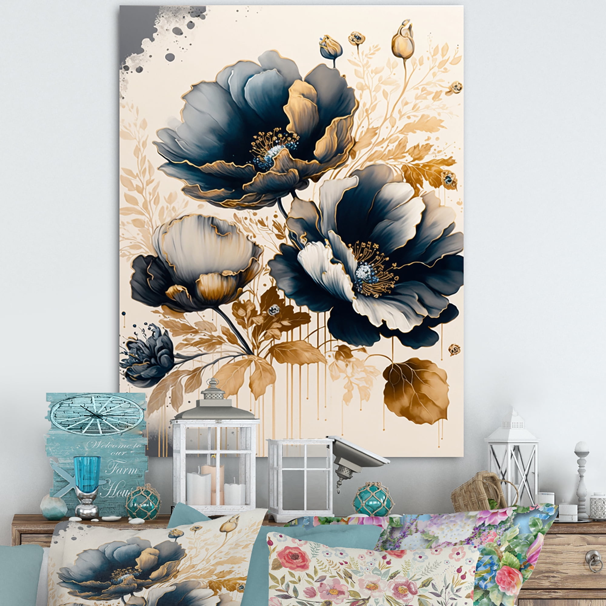 Designart Navy Blue And Gold Poppy Flowers II Canvas Wall Art