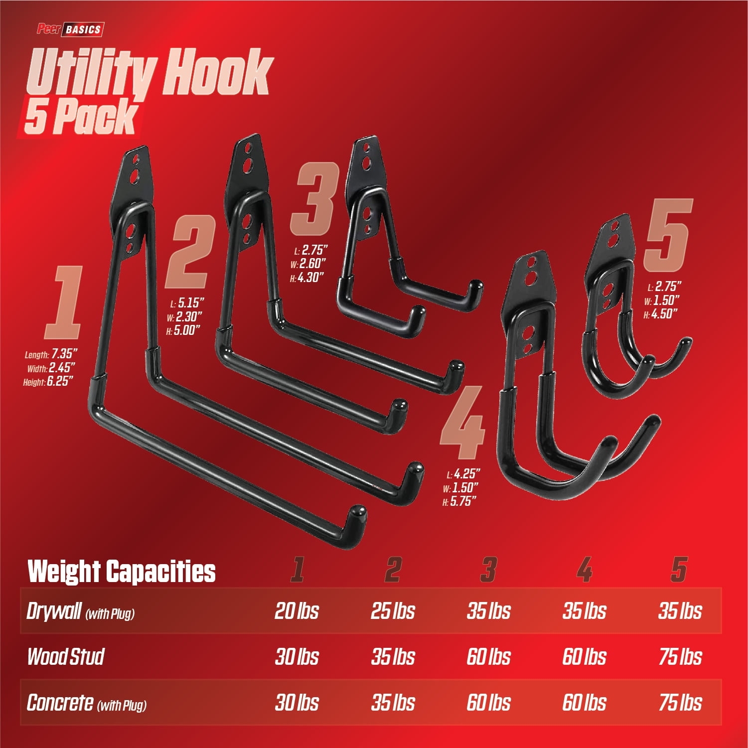 (2 pack) PeerBasics, 5 Pack Hook Set, Black, Metal, PVC Coated, Average 50 lb Capacity, Hardware Included
