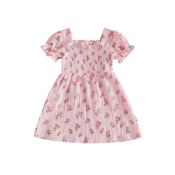 BemeyourBBs Kids Toddler Baby Girl Summer Smocked Dress Cute Little Girl Sundress Short Sleeve Square Neck Pleated Flower Print Casual Princess Party Dress Clothes