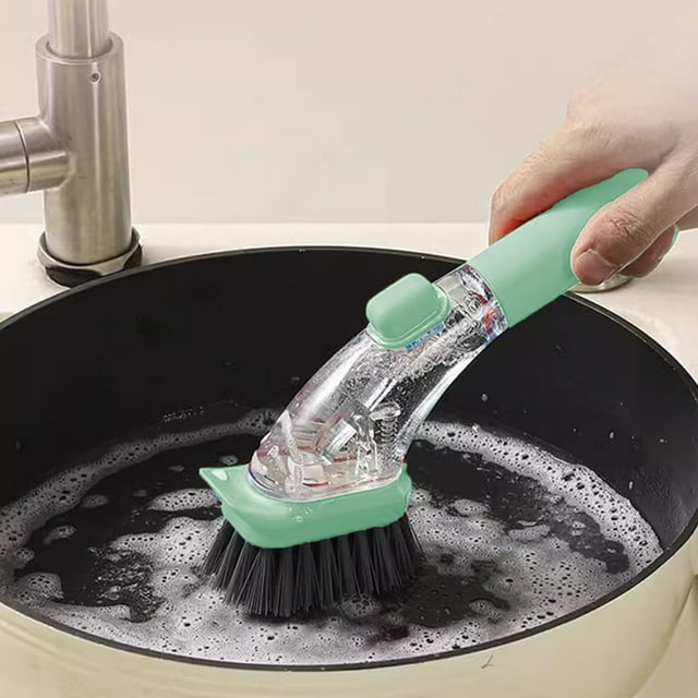 Splash Proof Pot Brush under $5! CQCYD Kitchen Pot Scrubber Brush, Splash Proof Cleaning Tool, Press Type Soap Dispenser Brush, Multi-surface Cleaning Brush, Dishwashing Gadget