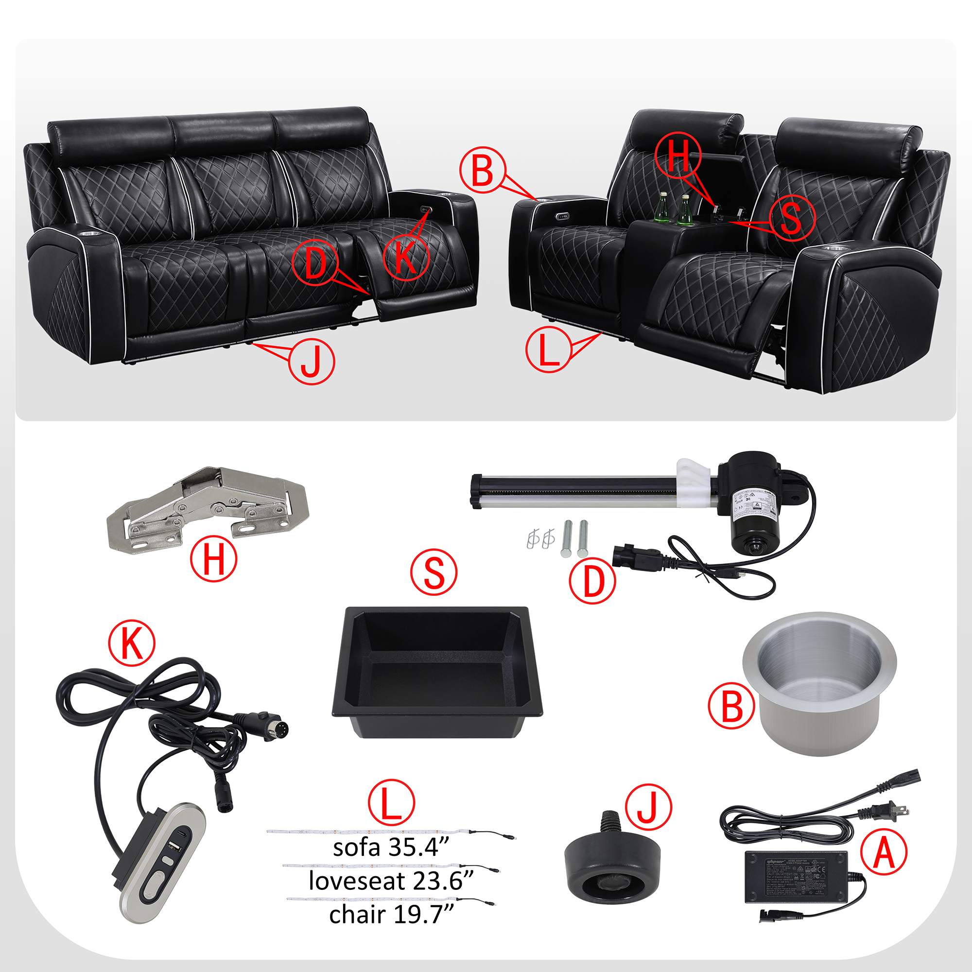 Gewnee 3-Seat Power Adjustable Sofa with One Recliner, Console & Cup Holders, Air Leather, Adjustable Reclining Angles, Suitable for Living Room, Black
