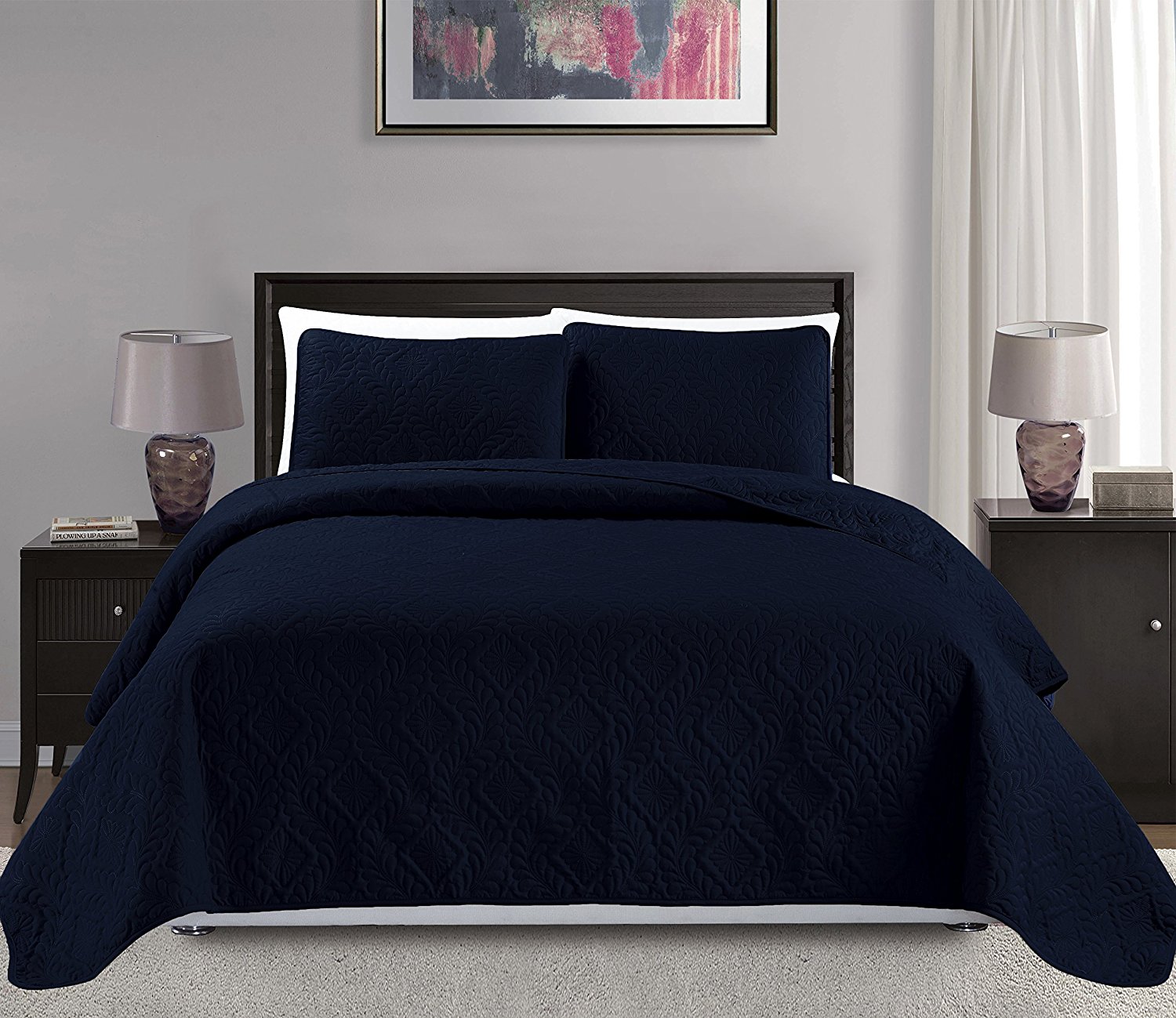 Home Collection 3 Piece Full//Queen 100 x 106 Over Size Embossed Solid Navy Blue Bedspread Set New