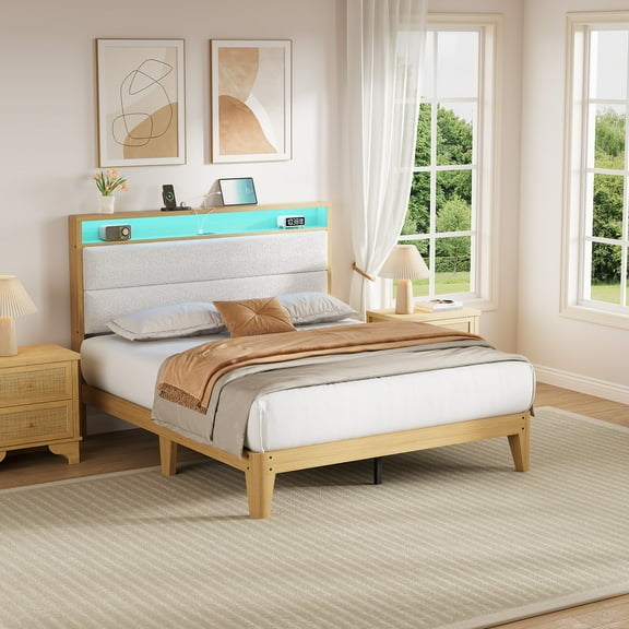 Boucle Bed Frame Full Size, Full Platform Bed Frame with LED Light, Storage Headboard and Charging Station, No Box Spring Needed, Solid Wood Slats, Easy Assembly