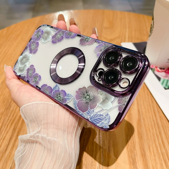 Electroplated Case for iPhone 14 Pro Max, Floral Flower Pattern Magnetic MagSafe Cover, Compatible with Wireless Charging, Logo Hollow TPU Shockproof Lens Protector Case for iPhone 14 Pro Max,Purple