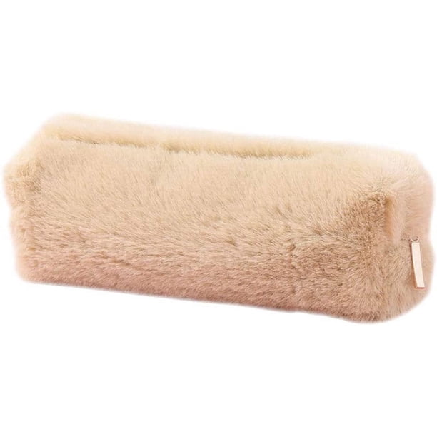 Estuche de peluche esponjoso para papelería, monedero y neceser de maquillaje para adolescentes, niñas, niños y estudiantes (caqui)