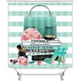 thumbnail image 2 of 4PCS Silver and White Striped Shower Curtain Sets with Rugs, Waterproof Fabric Shower Curtain, Positive Quotes Teal High Heels Mint Green Floral Perfume Makeup Modern Fashion Bathroom Decor, 2 of 7