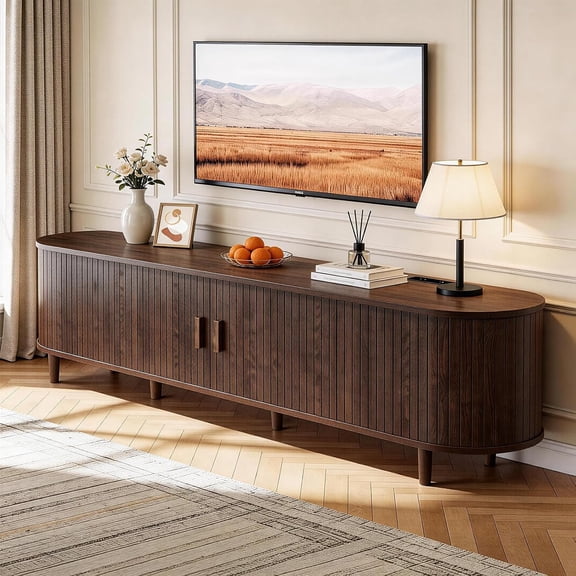 70" Mid Century Modern TV Stand with Power Outlet, Fluted Entertainment Center with Storage and Adjustable Shelves, Wood TV Console with Sliding Doors for Living Room, Walnut