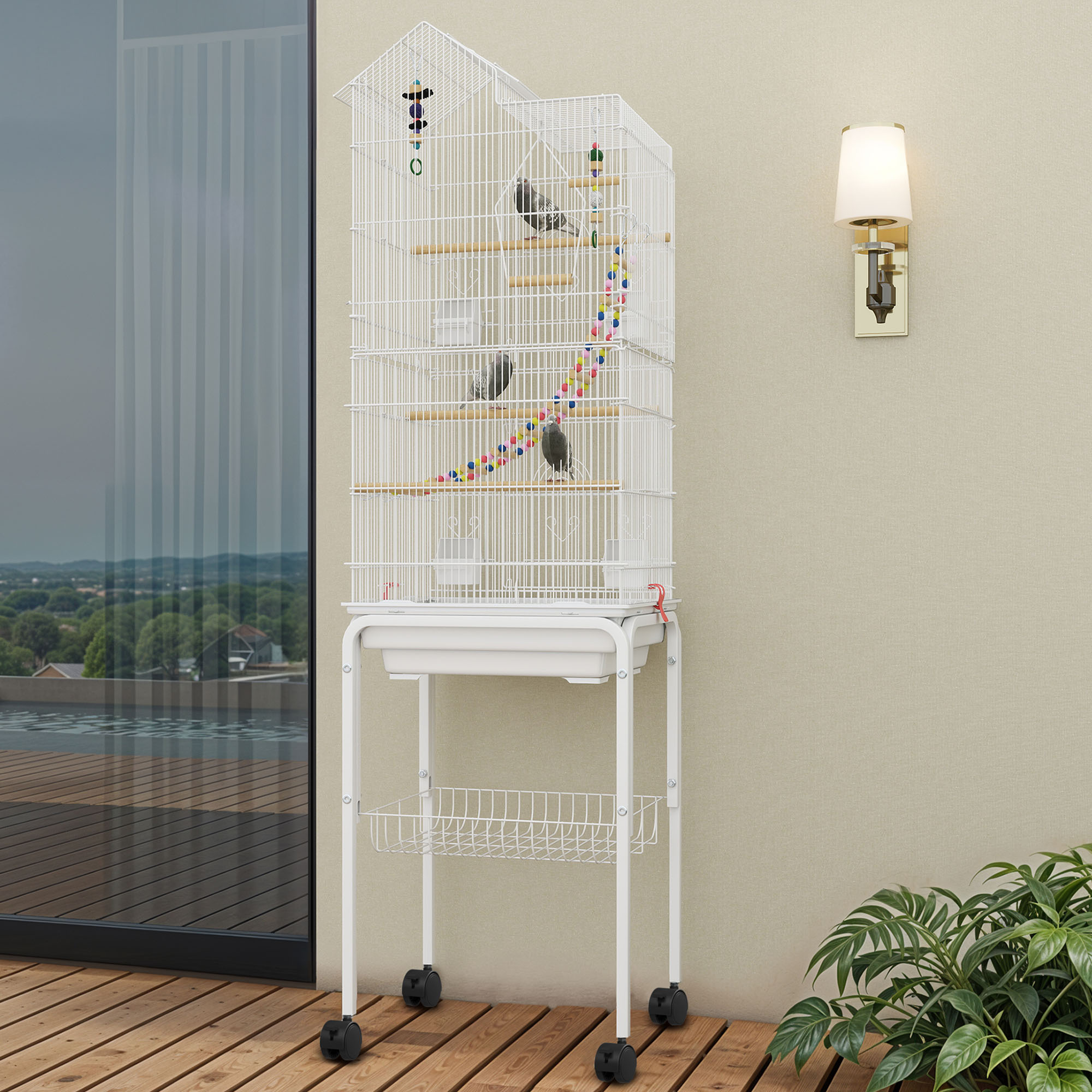 ModFusion 62" Metal Birdcage with Rolling Stand, Playful Accessories for Parakeets, Lovebirds & Conures – White