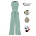 thumbnail image 6 of Womens Ribbed Knit Two Piece Lounge Set Sleeveless Crew Neck Crop Top and Wide Leg Pants Matching Outfit, 6 of 9