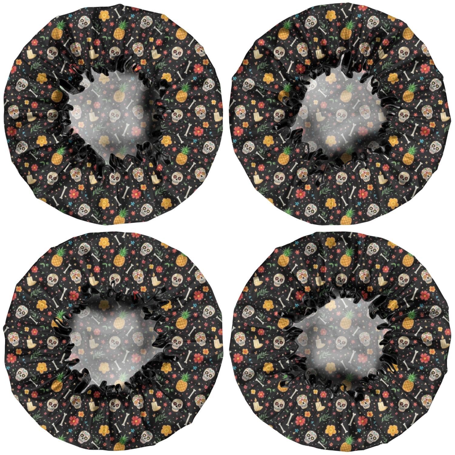 Shower Caps,Black Skull Pineapple Flower Pattern Waterproof Shower Cap for Women 4 Pieces,Double Reusable Hair Cover for Shower PEVA Elastic Stretch Hem