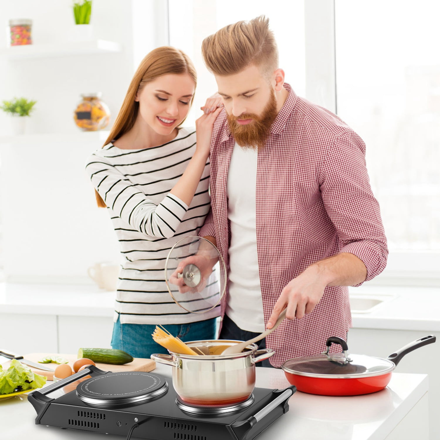 Dual Electric Hot Plate - 5-Second Fast Heating with 6.3 & 7.5 Inch Glass Plates, 800W+1000W Power, Thermostat Control & Auto Shut-Off, 338-1022°F Adjustable Temp, Portable for Camping, Dorms, Small