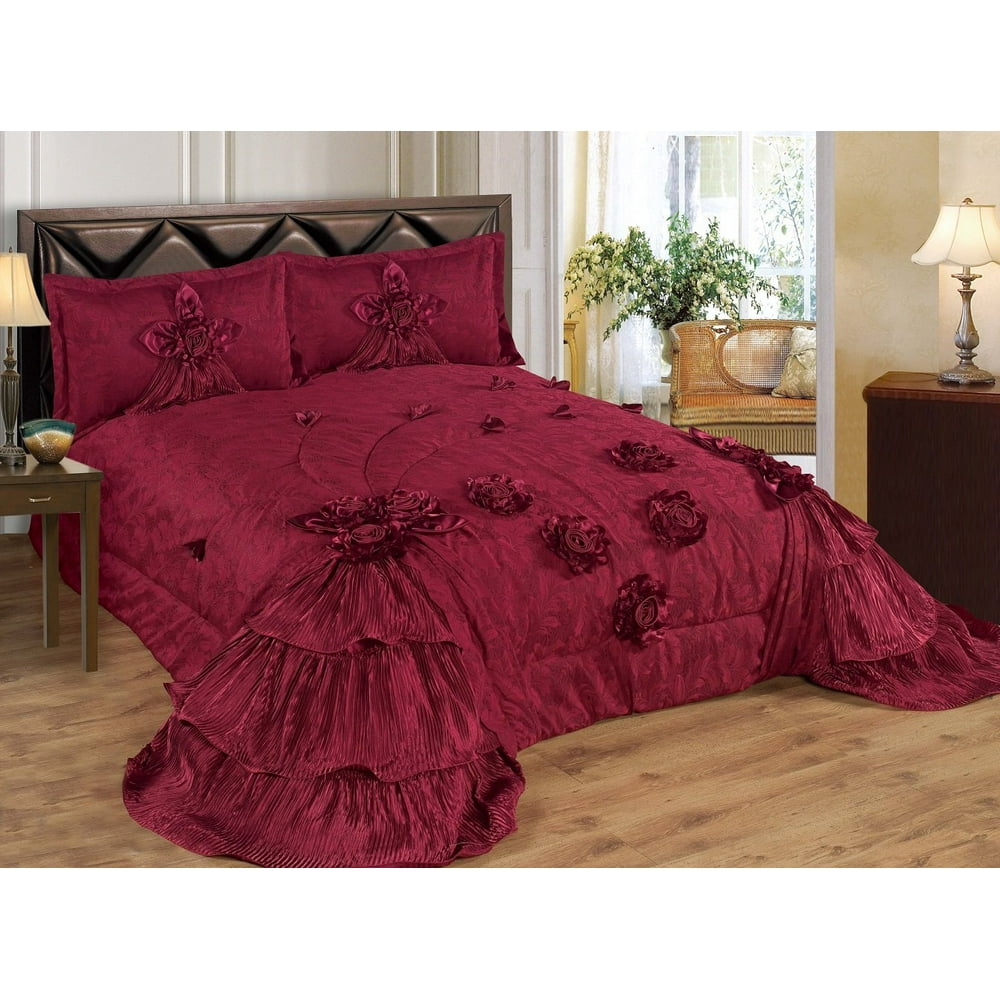 3Piece Olivia Real 3D Oversized Burgundy Comforter Set / Bedspread