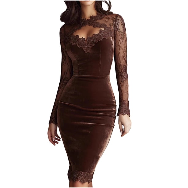 Mini Vestido de Manga Larga para las Mujeres Velvet Mall Cuello Redondo Sólido Fiesta Casual Primavera de Boda