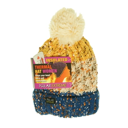 Polar Bear Beanie - Polar Extreme Women's Thermal Fleece Lined Insulated Pom Pom Beanie Blue Yellow