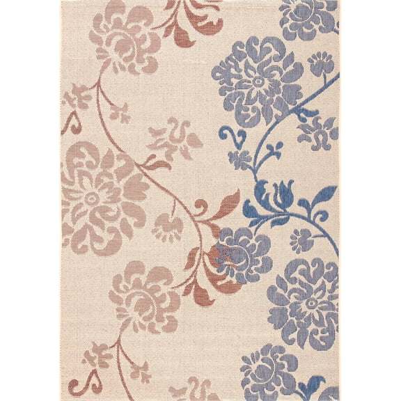 SAFAVIEH Courtyard Cindy Floral Indoor/Outdoor Area Rug, Natural Brown/Blue, 6'7" x 9'6"