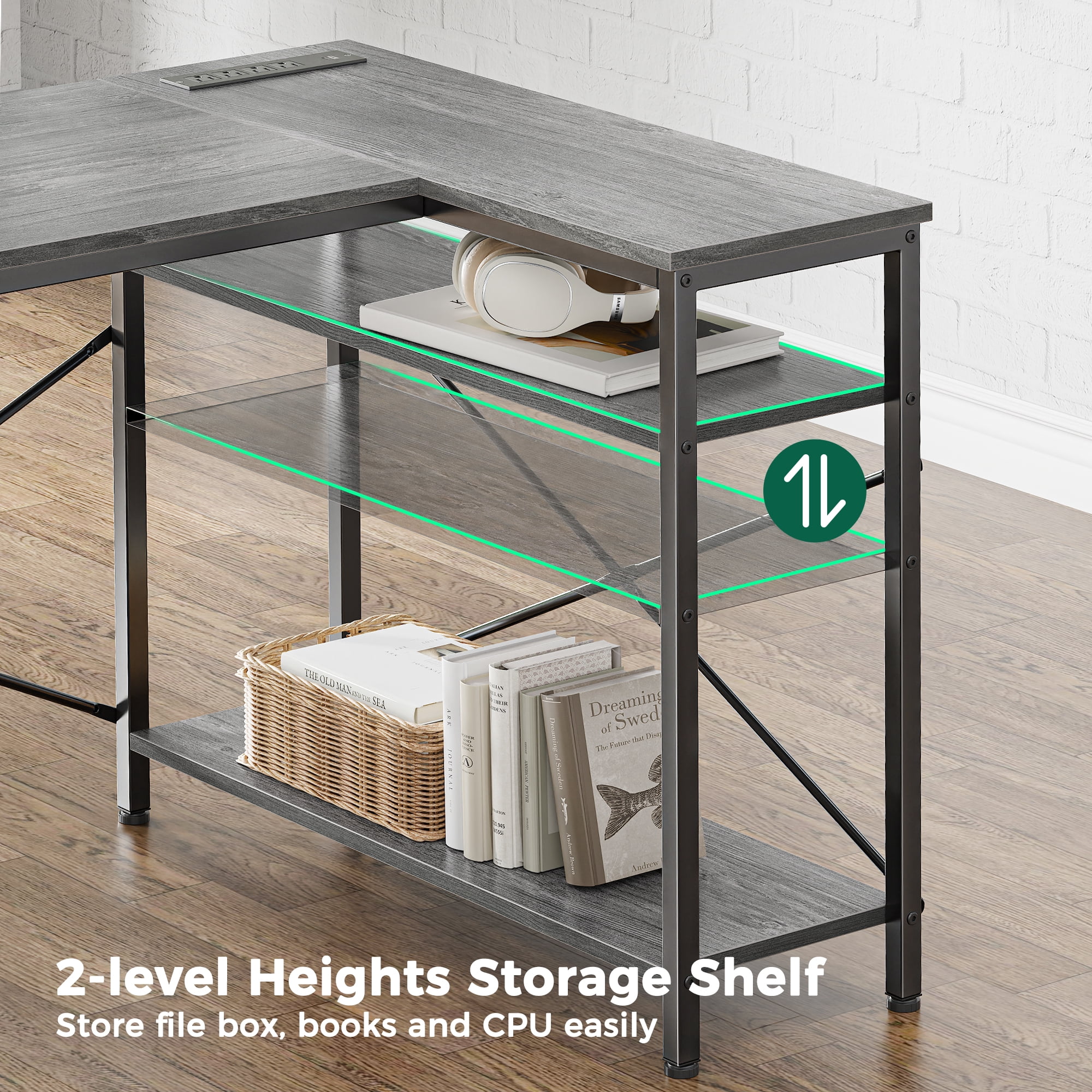 47 Inch L Shaped Office Desk with Power Outlets, Computer Desk with Drawers, Corner Desk for Home Office