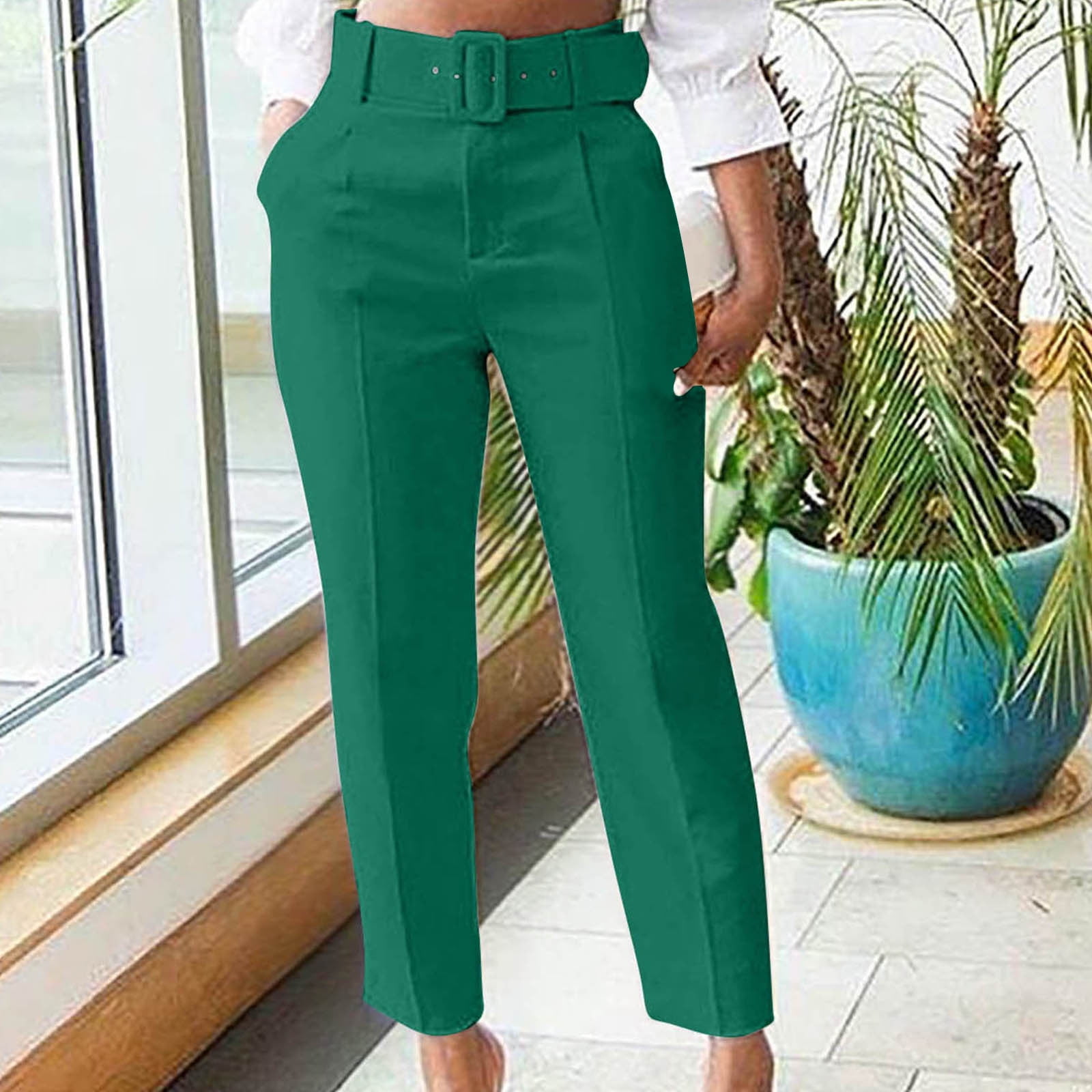 JWZUY Womens Solid Suit Pants Trousers Cropped Belted Waist Pant Pleated  Formal Pants Green M