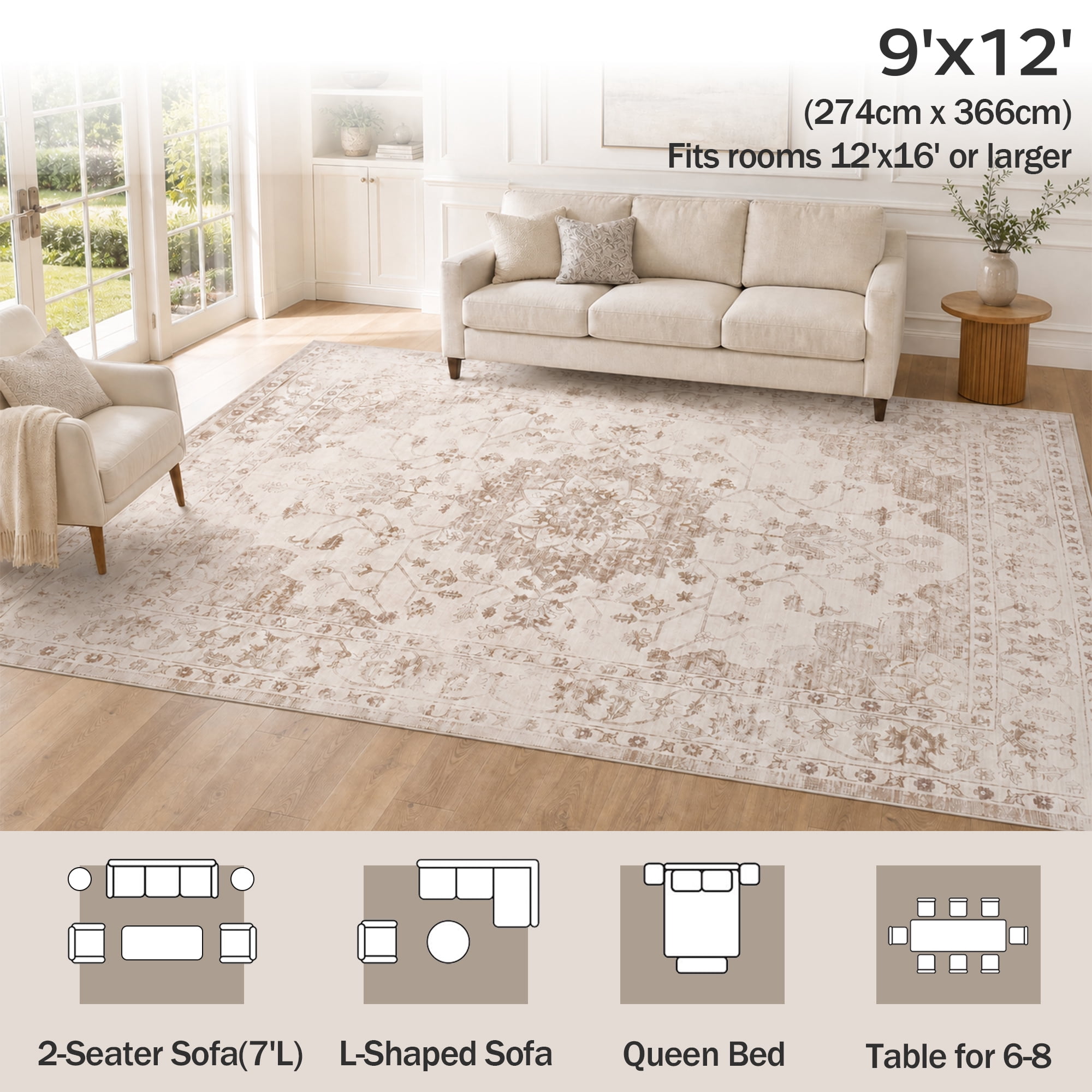 Prilinex 9x12 Area Rug, Washable Rugs for Living Room, Vintage Beige Carpet with Non-Slip & Stain Resistant, Farmhouse Soft Large Rugs for Bedroom Dining Room Kitchen