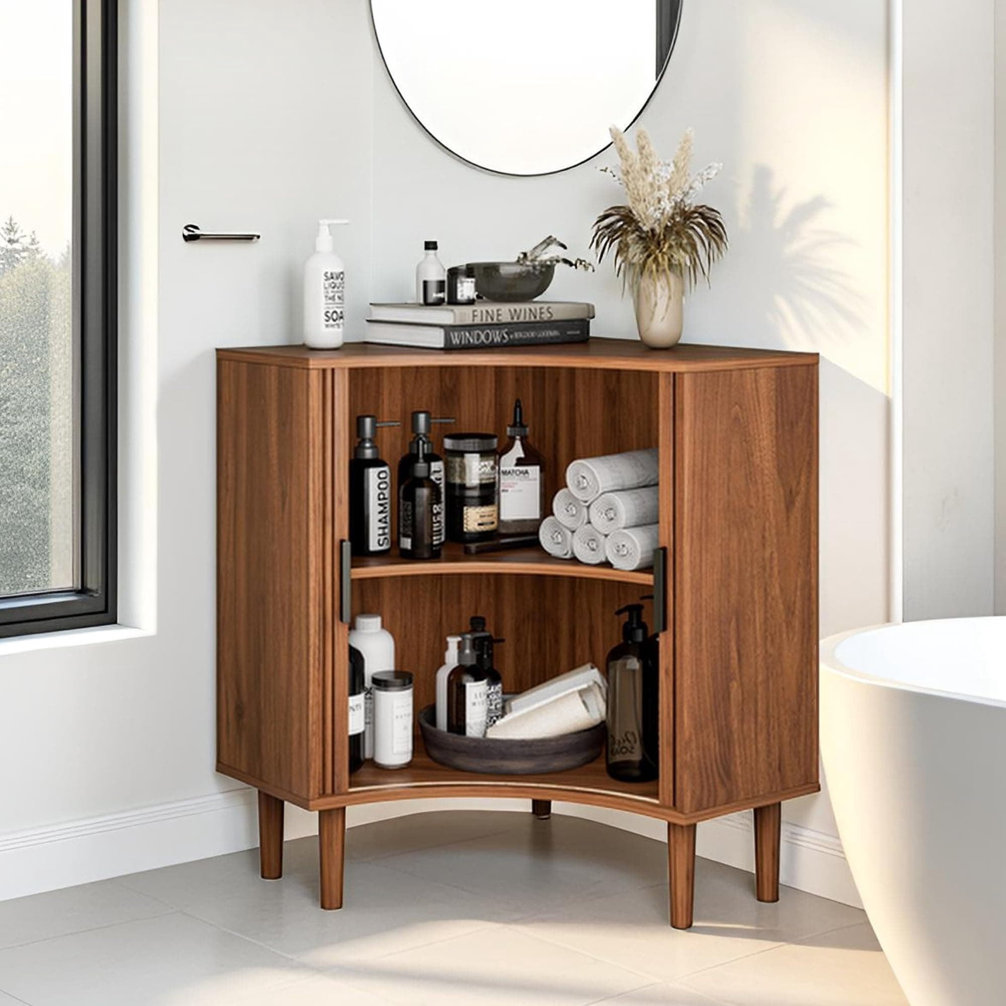 Modern Fluted Corner Cabinet with Sliding Doors, Small Wood Corner Storage for Small Space, Walnut