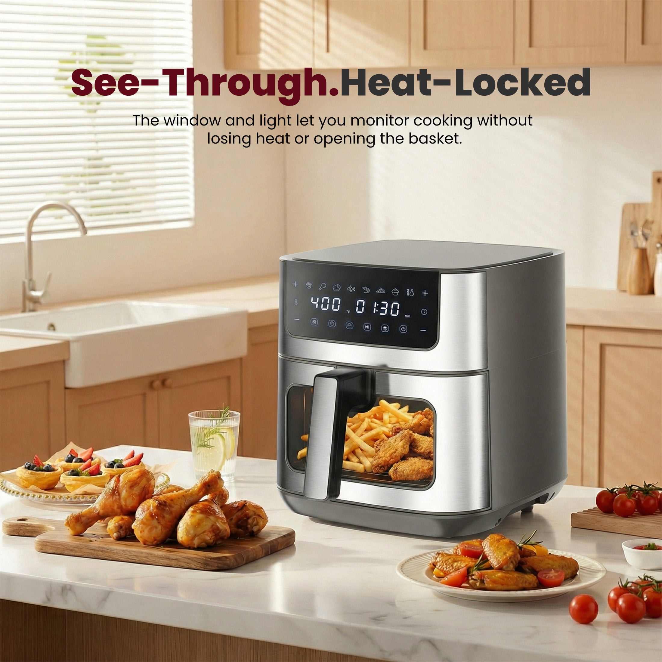 EDX 6QT Stainless Steel Air Fryer with Digital Touchscreen, 1500W, 8 Presets, Dishwasher Safe Basket, 90 Min Timer, 24H Delay Start, Gray