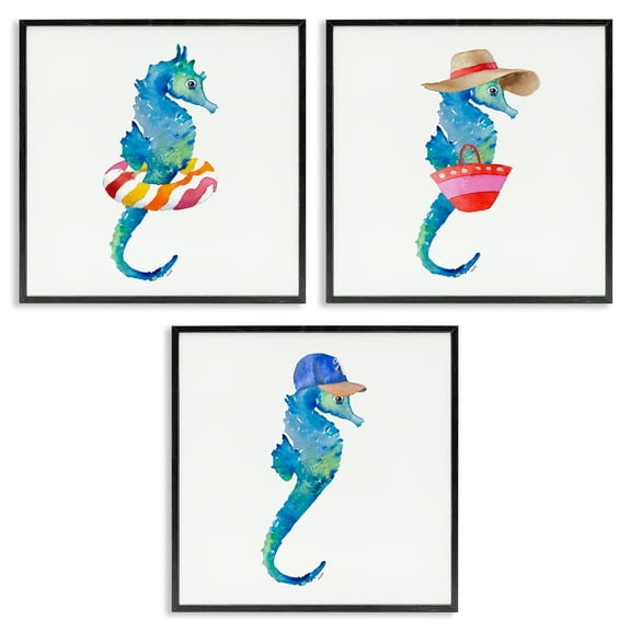 Stupell Industries Fun Beach Ready Seahorses Nautical & Beach Painting Black Framed Art Print Wall Art, 12 x 12, Set of 3