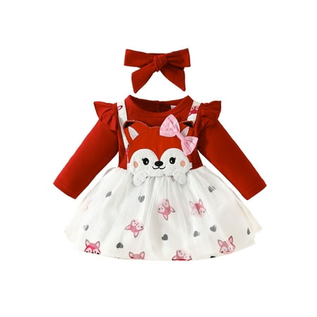 

Licupiee Newborn Baby Girls Dress Bow Fox Embroidery Long Sleeve Dress Layered Mesh Tulle Princess Dress with Headband
