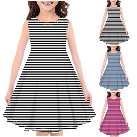YHAJDS Girls Princess Dress Sleeveless Summer Stripe Casual Round Neck Top