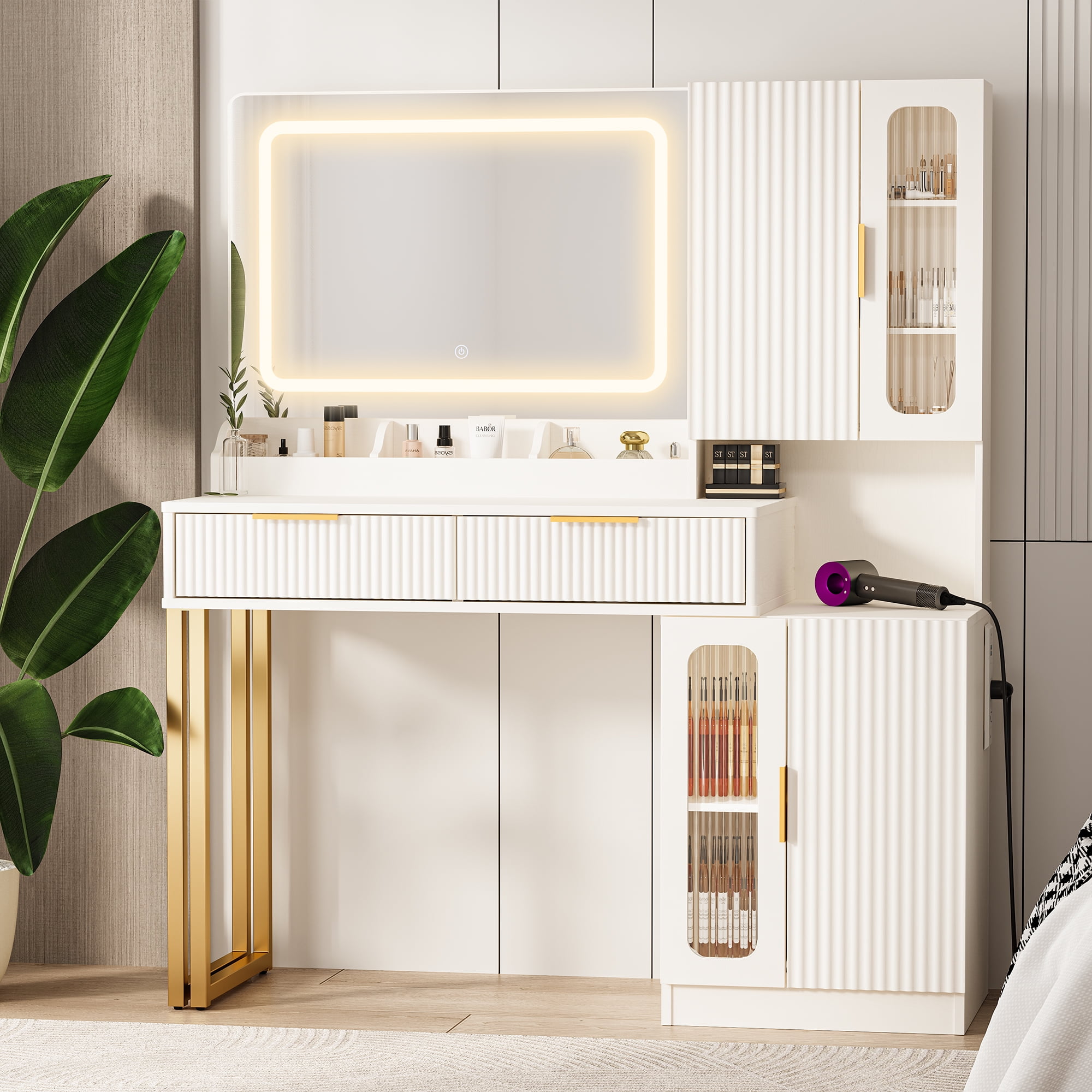 42" Fluted Vanity Desk with Mirror & Lights, Makeup Vanity with Storage Drawer & Glass Cabinet, 3 LED Light Modes, Power Outlet for Bedroom