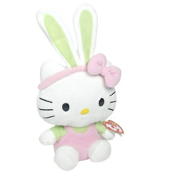 TY Beanie Baby - HELLO KITTY ( Bunny Pink Overalls with Green Ears ) (6" Plush)(BONUS ONE RANDOM TY ERASER)