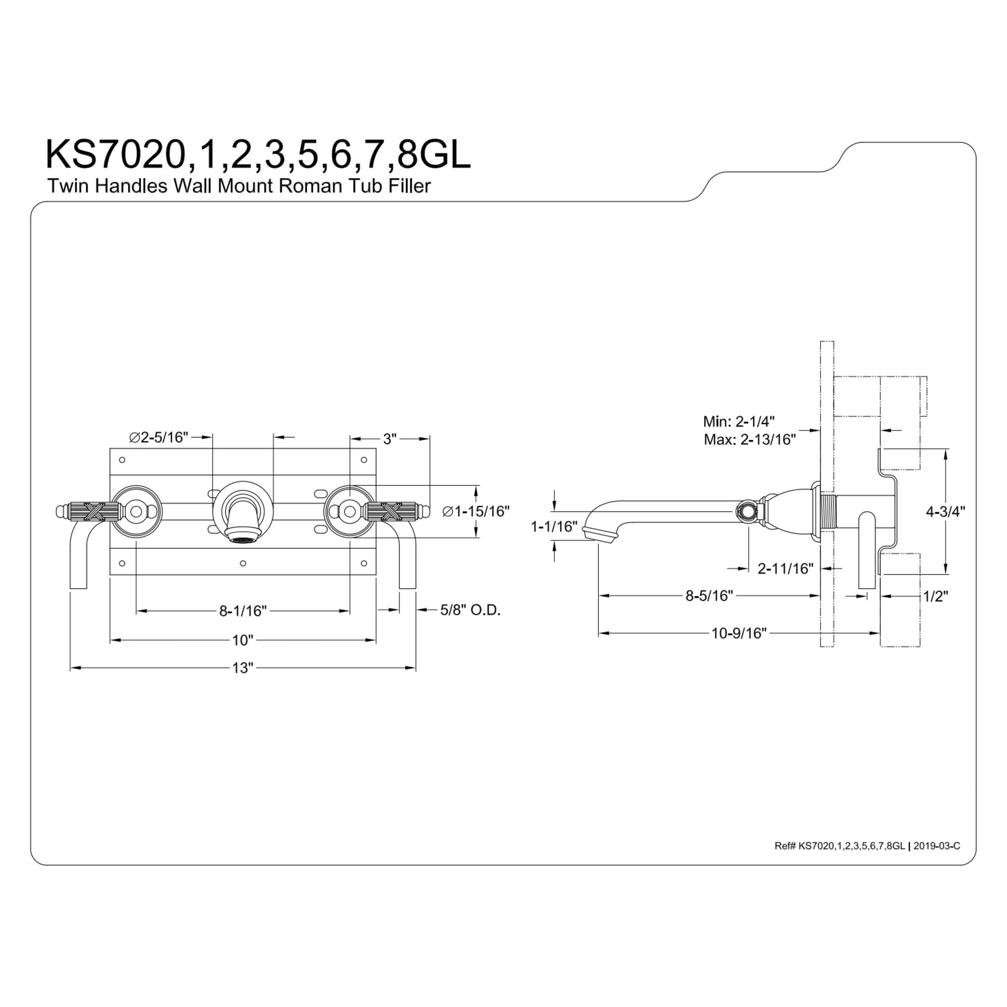 Kingston Brass KS7020GL Georgian Two-Handle Wall Mount Roman Tub Faucet, Matte Black