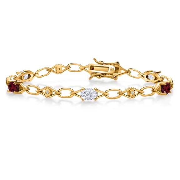 18K Yellow Gold Plated Silver White Moissanite and Red Rhodolite Garnet and Round White Lab Grown Diamond Tennis Bracelet for Women (3.04 Cttw, Gemstone Birthstone, Oval 6X4MM, 7.25 inches)