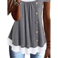 thumbnail image 4 of ORQ Women Round Neck Loose Pleated Button Fake Two-piece Short Sleeve T-shirt Top, 4 of 4