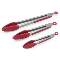 The holm Set of 3 Heavy Duty, Non-stick, Stainless Steel Kitchen Red Tongs (7, 9, 12 Inch) for Barbeque, Cooking, Grilling Turner - A Serving and Feeding Set for Your Kitchen