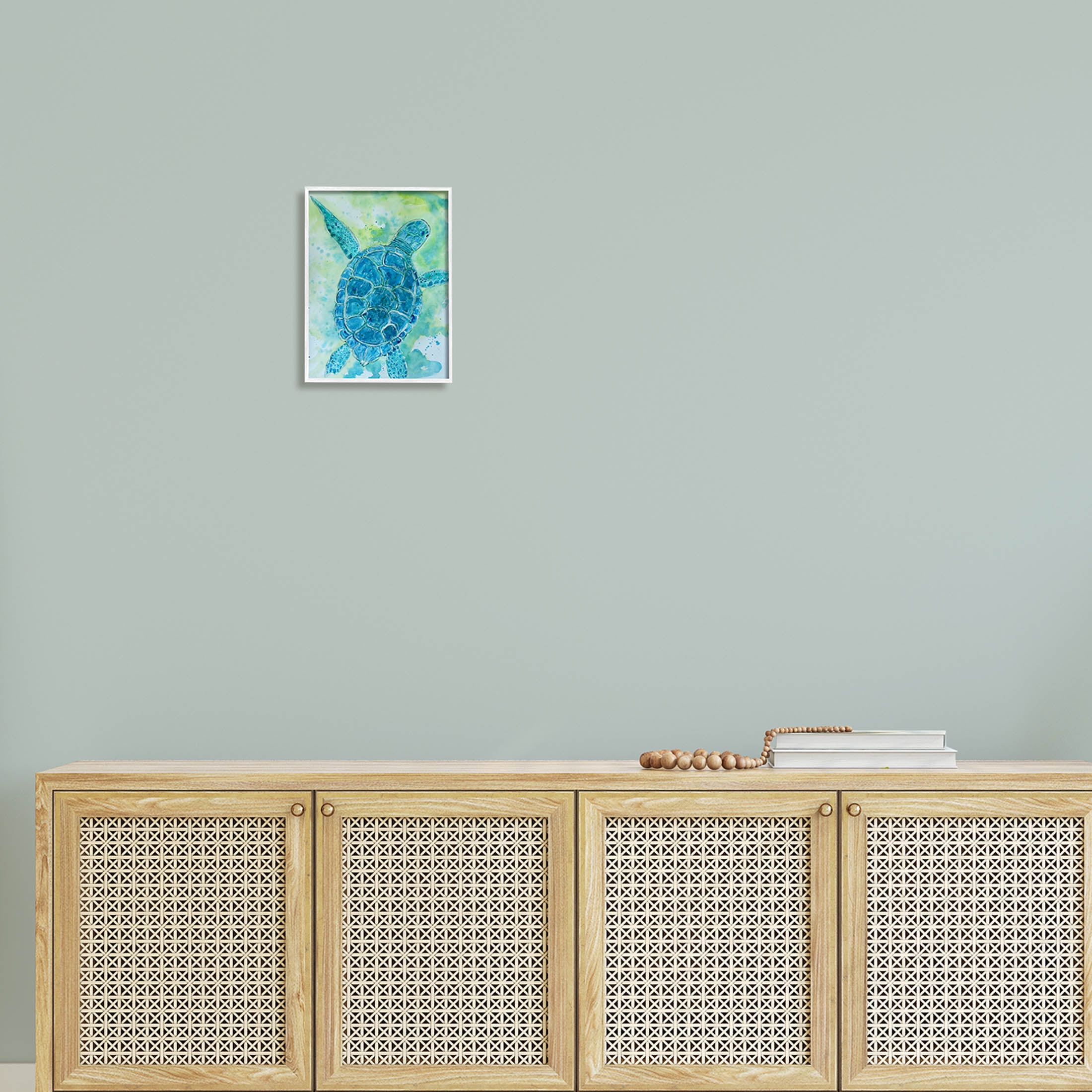 Blue Sea Turtle Aquatic Bubbles Animals & Insects Painting White Framed Art Print Wall Art