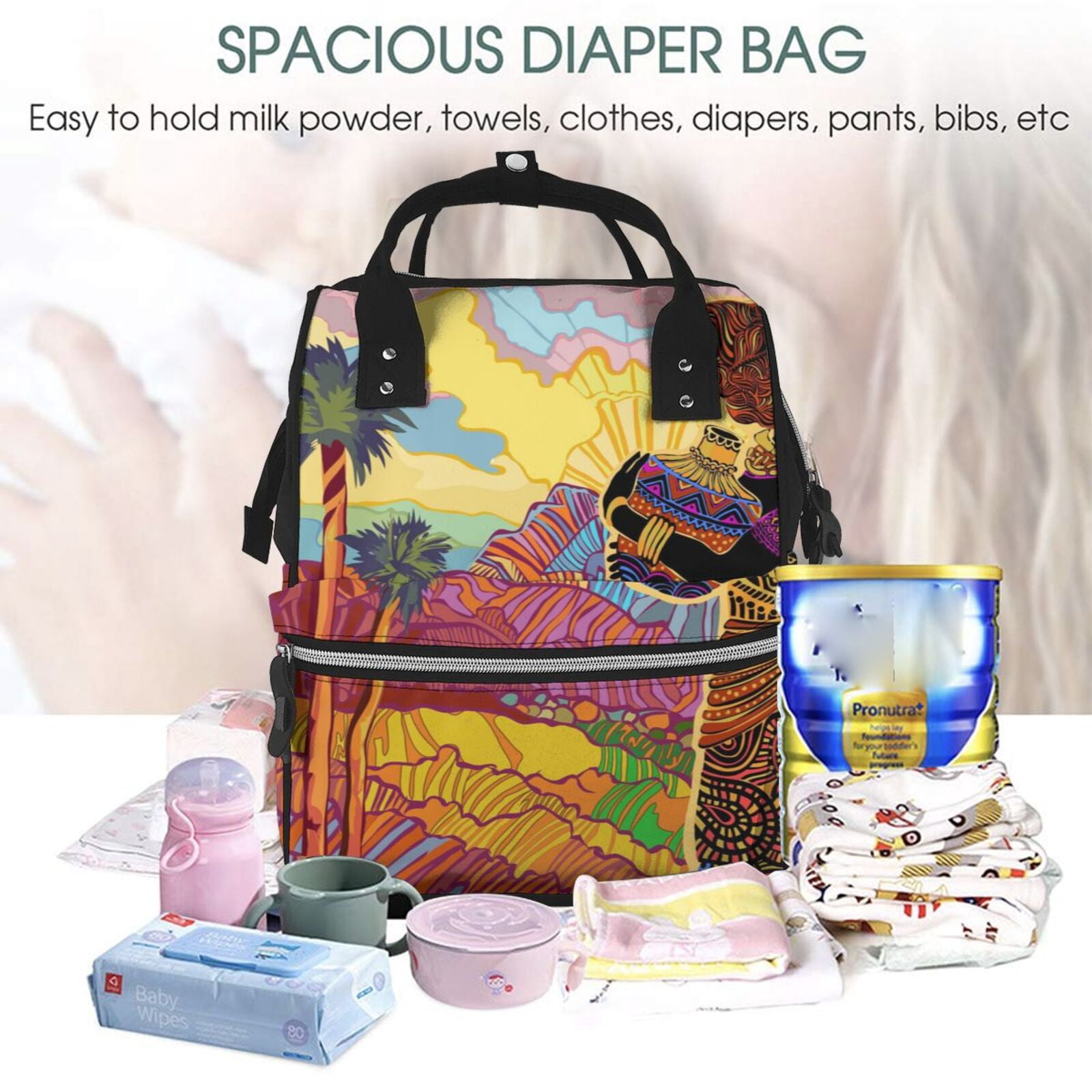 Ratiio Beautiful African Woman Mummy Backpack - Waterproof Twill Canvas, Large Capacity Diaper Bag with Multiple Pockets and Adjustable Straps