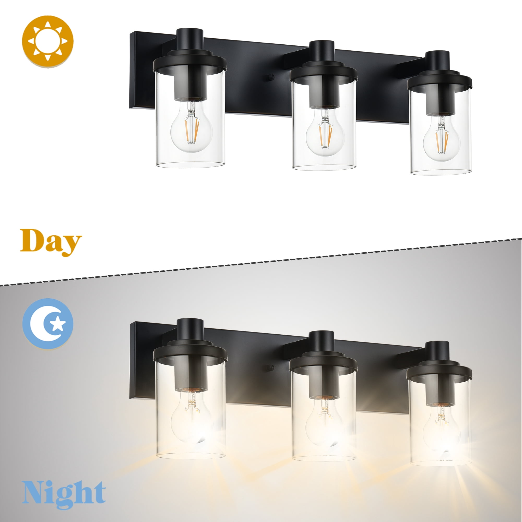 Melucee Vanity Wall Lighting, 3 Light Bathroom Vanity Light, Black Vanity Lights for Bathroom, Modern Bathroom Light with Clear Glass Shade, E26 Base, Bathroom Light Fixtures Over Mirror