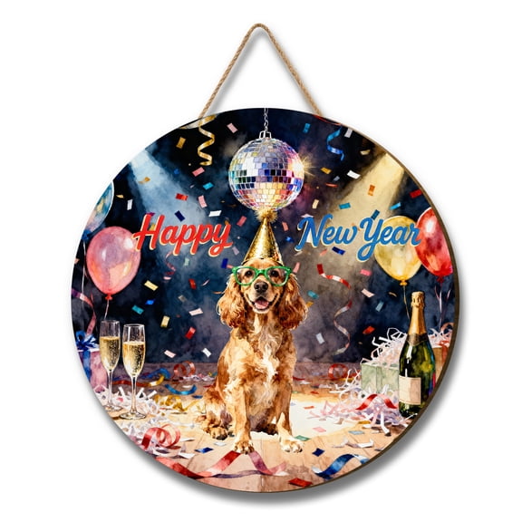 Happy New Year Cocker Spaniel Chills on Year-End Party Round Wood Sign Cockers Dog Lover Gifts Hanging Wall Home Decor - 12023