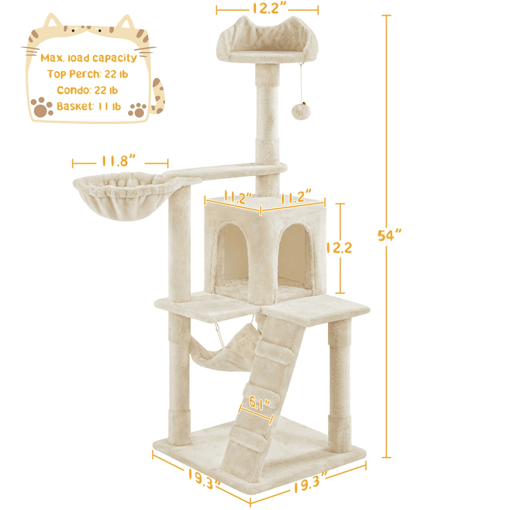 Alden Design 54" Cat Tree with Hammock, Basket and Scratching Post Tower, Beige