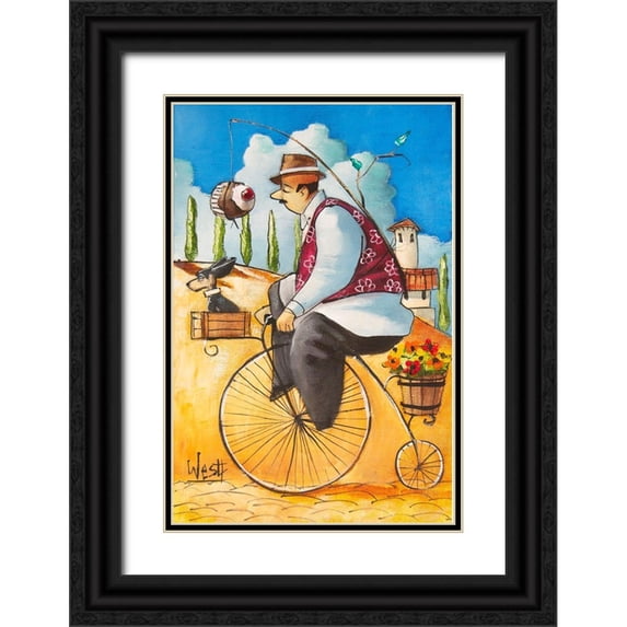 West, Ronald 17x24 Black Ornate Wood Framed with Double Matting Museum Art Print Titled - Man on Bicycle w/Cupcake