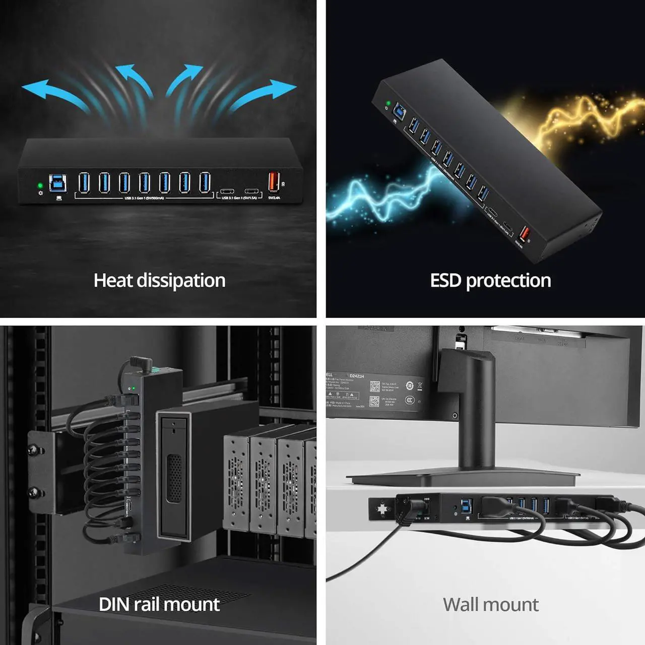 Industrial Powered USB C & USB 3.1 Hub, Splitter, 10 Port, Powered Multiport Hub Expander for Desktop, Laptop, Tablets, Cellphone, External HD, Keyboard and Mouse