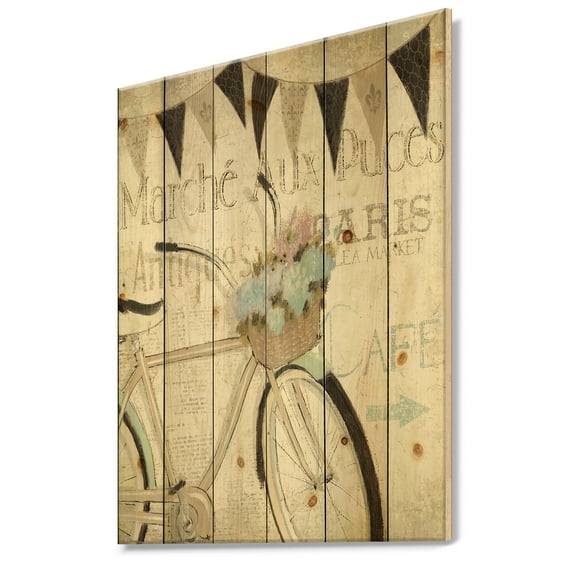 Designart 'French Bicycle Flea Market I' French Country Print on Natural Pine Wood