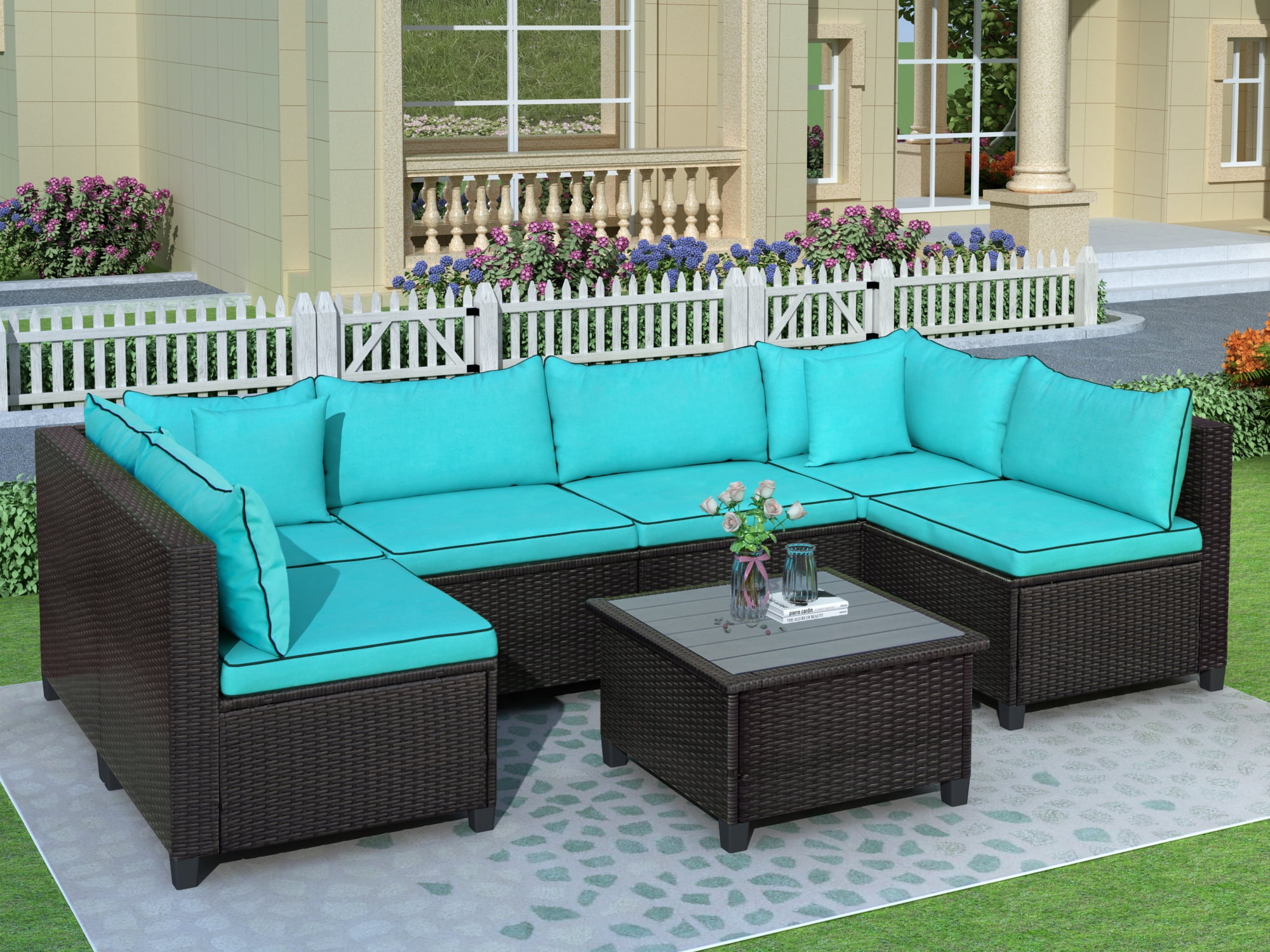 7Pcs AllWeather Outdoor Sectional Sofa Set Dark Brown Rattan Wicker