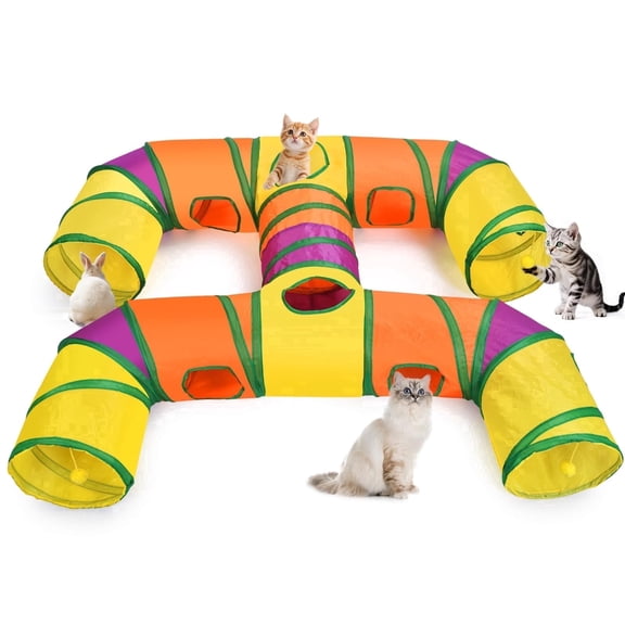 Petizer H-4-Way Collapsible Cat Tunnel, Tear-Resistant Interactive Pet Tube Toy with Dangling Ball for Indoor Cats, Kittens & Small Pets