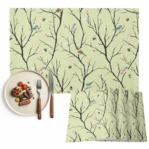 Placemats Set of 4, Bird Place Mats Vintage Floral Tree Branch Green Tablemats Washable Placemat Table Decoration for Kitchen Table Dinner Party Home Decor Indoor Outdoor 13x19 Inch