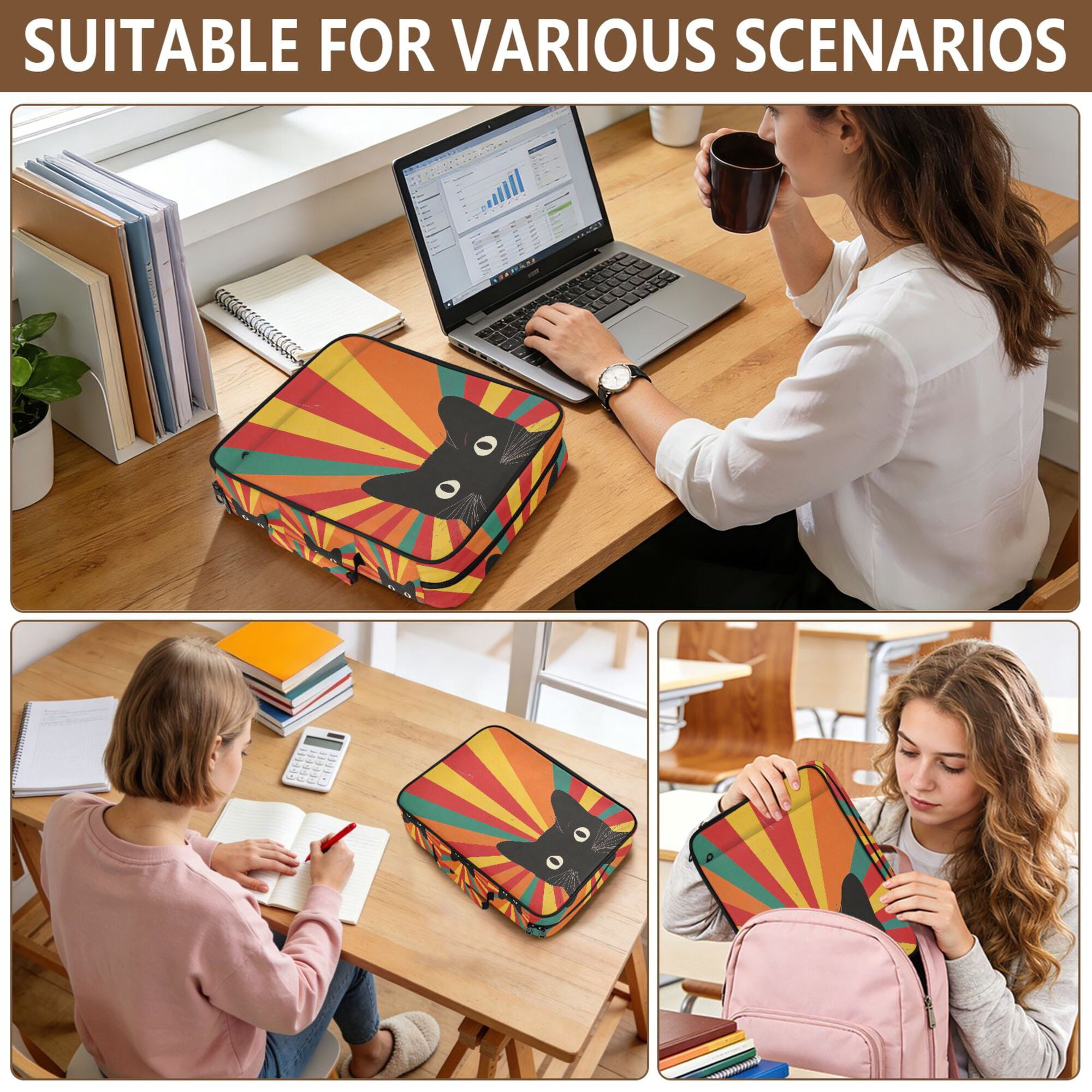 FORMRS Accordion File Folder A4 Size 7-Pocket Expanding Document Organizer Bag with 3 Ring Binder, Black Cat