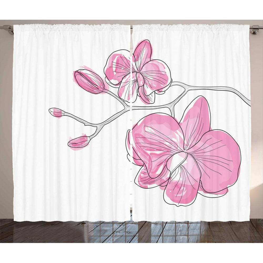 Orchids Curtains 2 Panels Set, Simplistic Hand Drawing of a Branch of