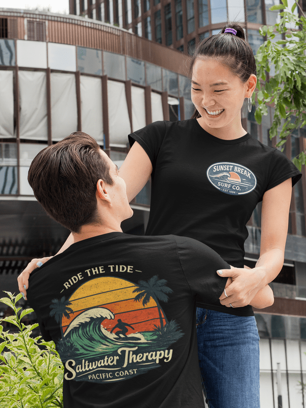 Sunset Break Surf T-Shirt – California Coast Wave Graphic Tee, Vintage Beach Shirt, Front & Back Print Unisex Crewneck